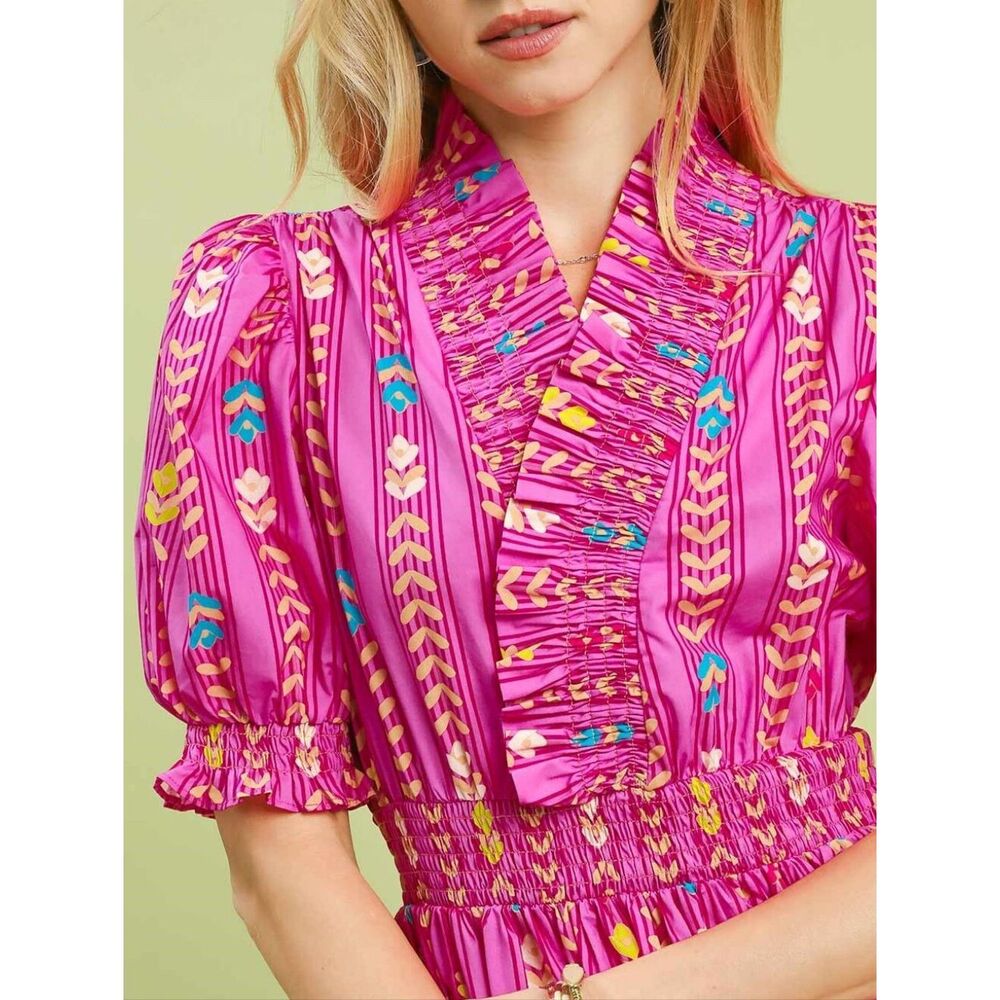 Umgee Peony Mix Fuchsia Printed Puff-Sleeve Midi Dress sz Small - Picture 4 of 5